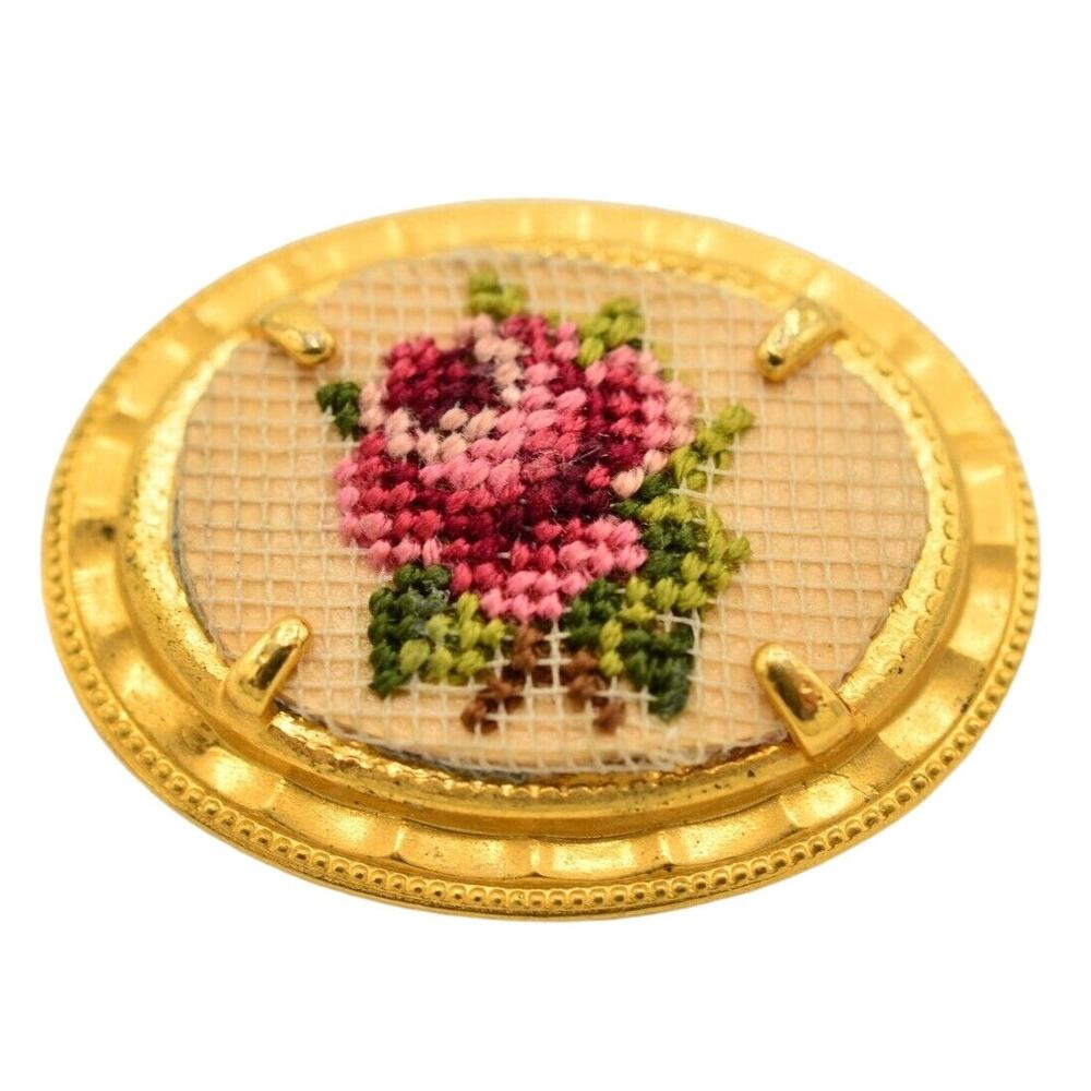 Vintage Flower Sewn Fabric Brooch Pin Rose Pink Green Oval Gold 1980s BinAC